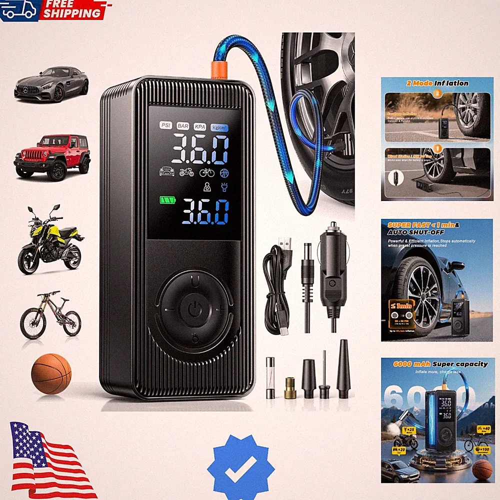 Tire Inflator Portable Air Compressor - 150 PSI 4X Fast Inflation Rechargeabl...